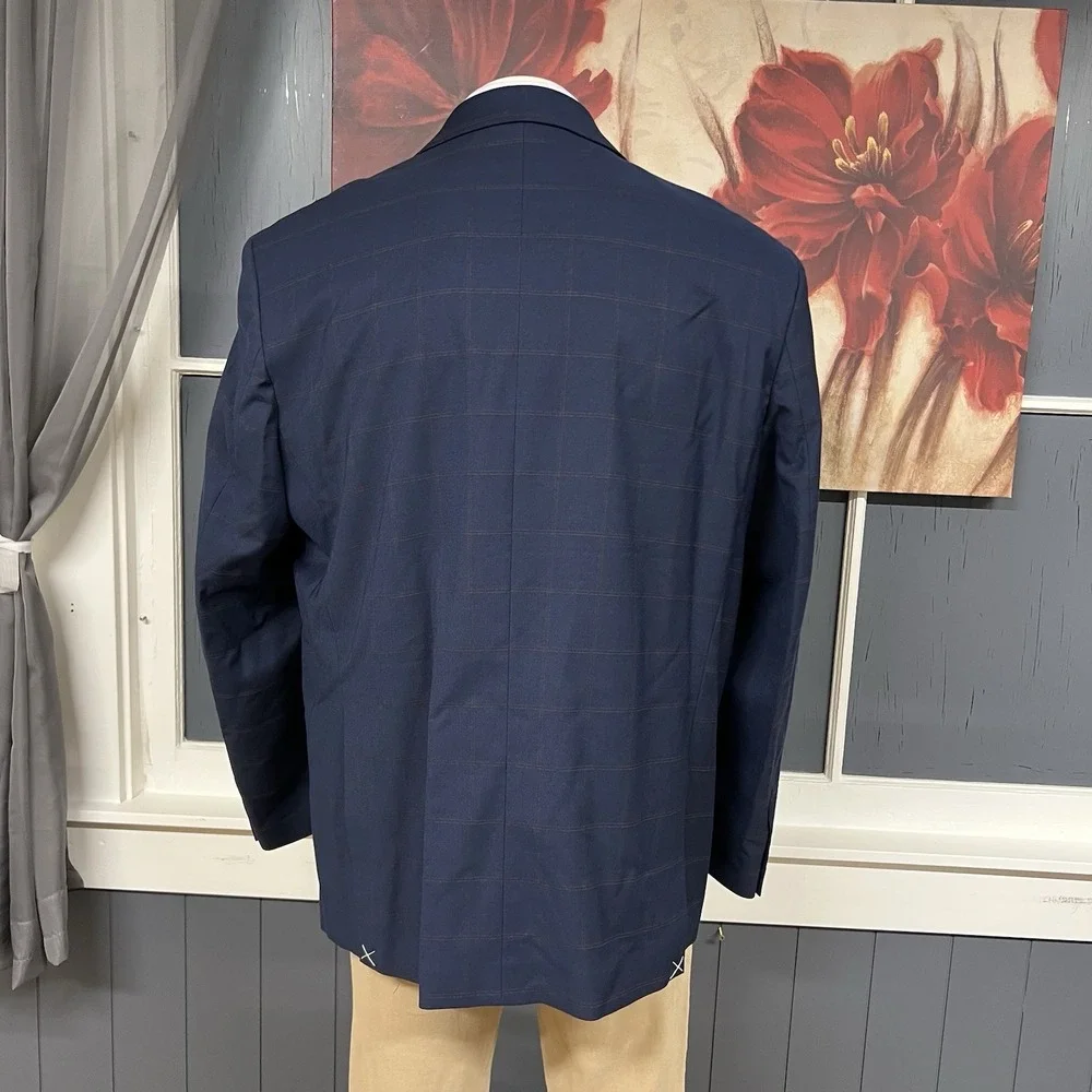 Oscar De La Renta Blazer Men 48R Classic Fit Polyester Blend Stretch Navy/Orange